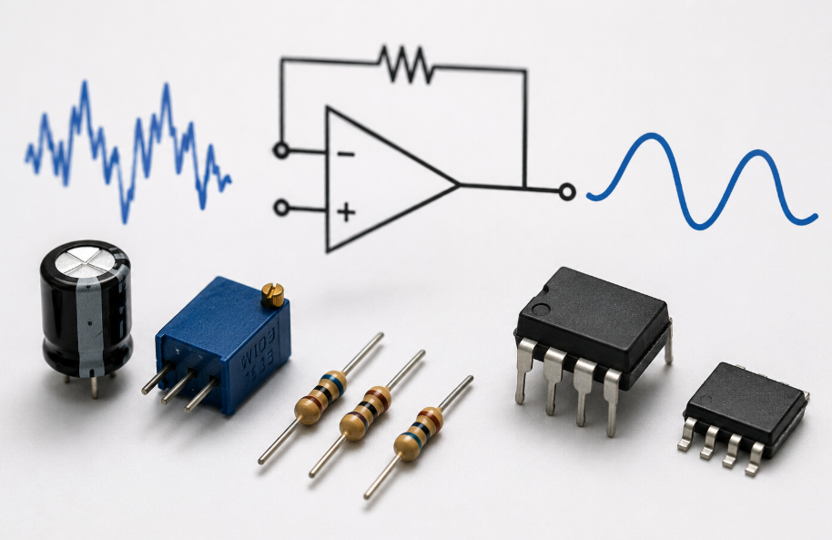 A Collection Of Electronic Components Alongside Various Waveforms Displayed On An Oscilloscope Screen