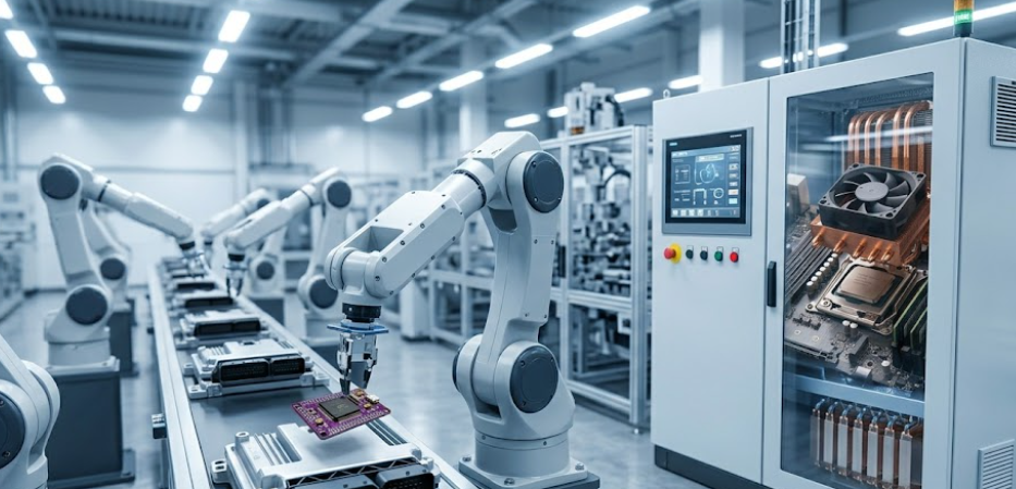 A Factory Scene Featuring Robots Working With Various Machines And Electronic Components Highlighting Industrial Automation