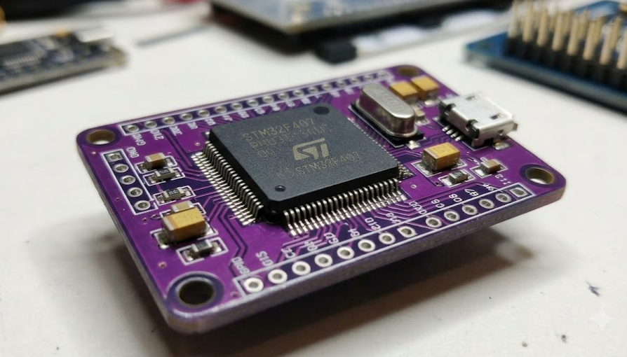 A Purple Microcontroller Placed On A Wooden Table Showcasing Its Compact Design And Electronic Components 1