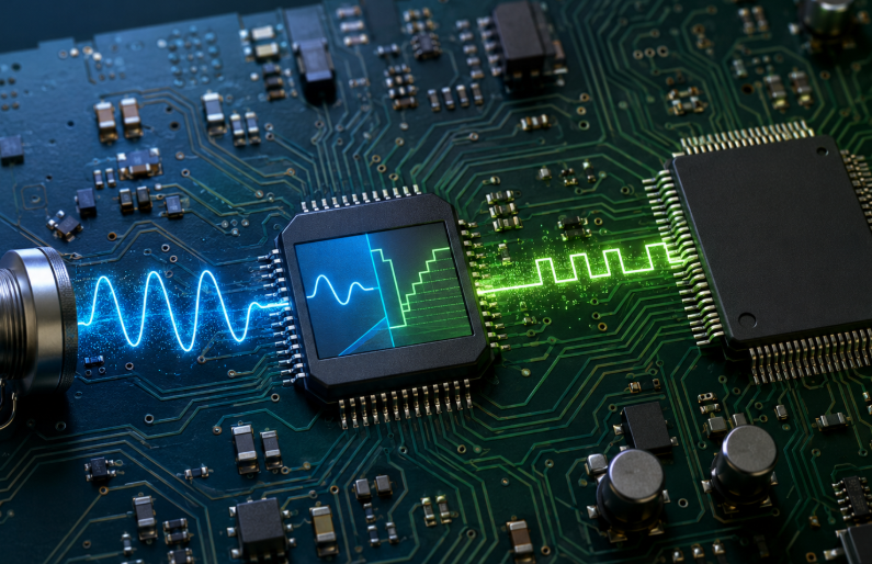 Detailed View Of A Circuit Board Displaying A Bright Green Light Alongside A Wave Design Integrated Into The Circuitry