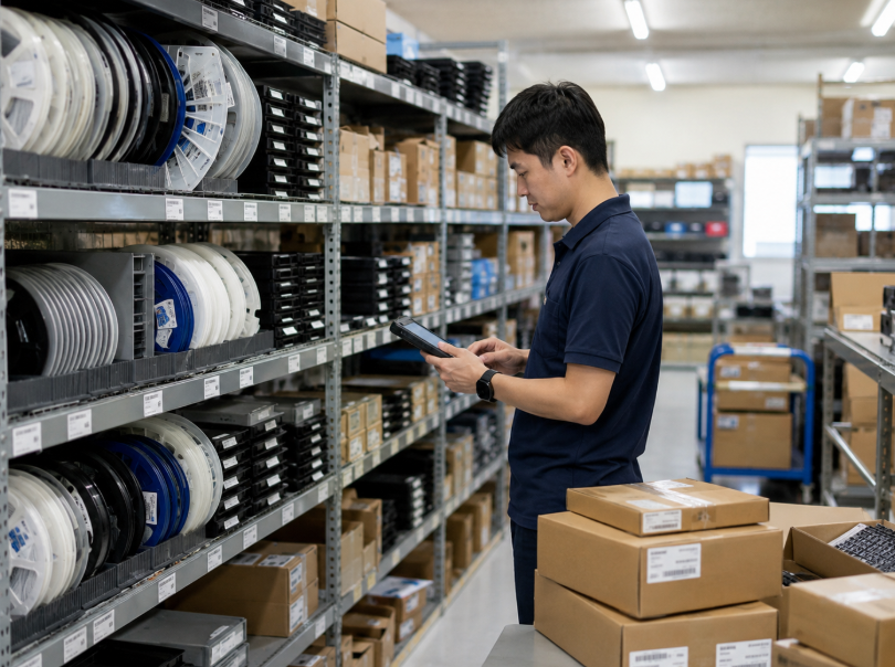 How to Choose a Reliable IC Distributor for Your BOM 3 A Man In A Warehouse Examines A Tablet Surrounded By Shelves Of Inventory And Industrial Equipment