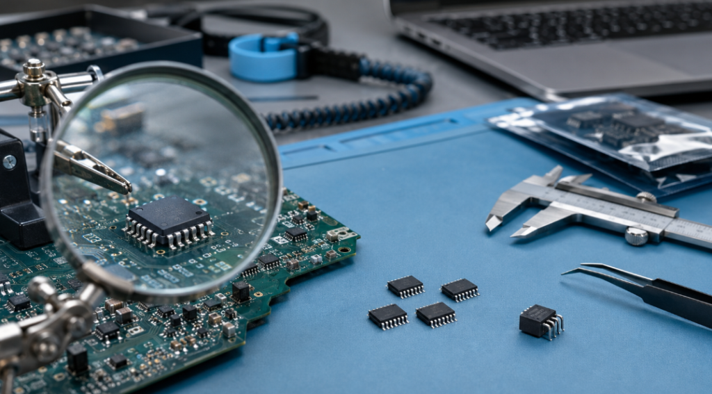 Why Part Number Verification Matters in Electronic Component Purchasing 3 Electronic Component Inspection On A Workbench