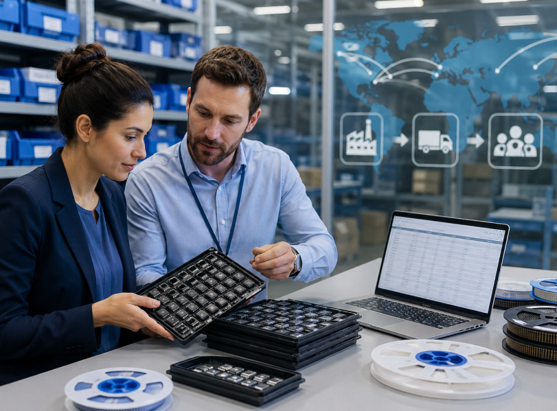 What Is an Electronic Component Distributor? 1 Two Factory Workers Collaborate While Reviewing Information On A Computer Screen In A Manufacturing Environment