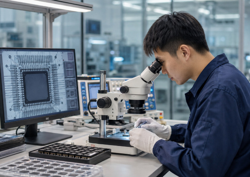 10 Questions to Ask Before Choosing an STMicroelectronics Distributor 2 Chinese Engineer Inspecting Integrated Circuits With A Microscope And X Ray Testing Equipment