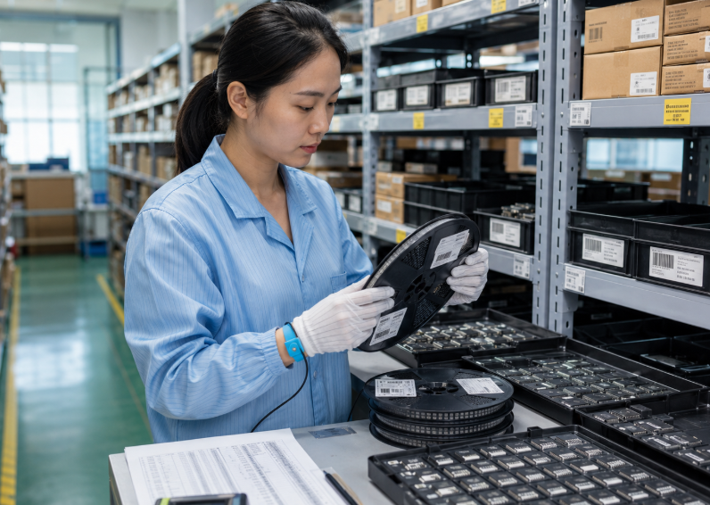 10 Questions to Ask Before Choosing an STMicroelectronics Distributor 3 Chinese Warehouse Inspector Checking Semiconductor Reels Labels And Inventory Records