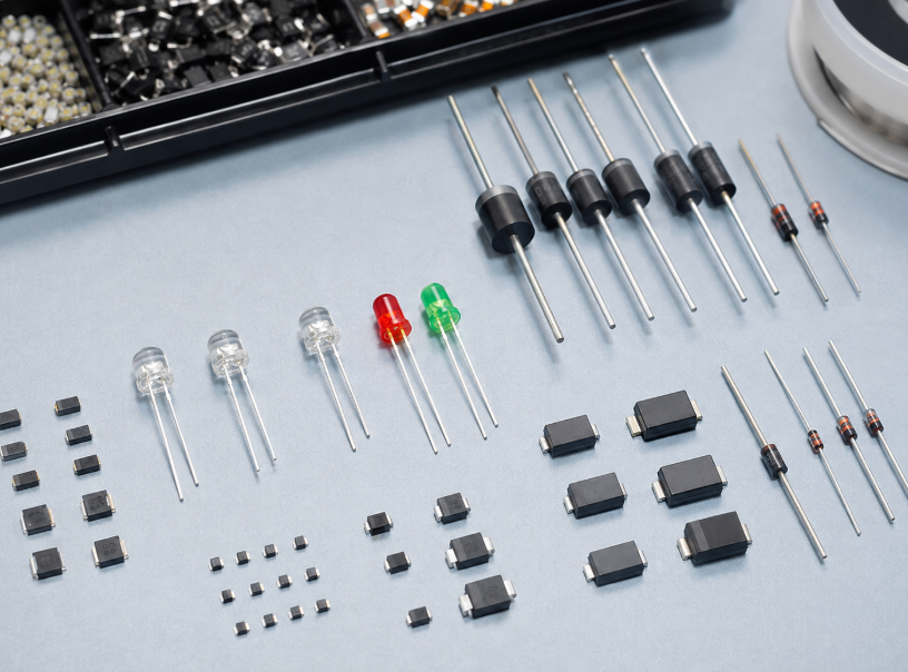 Different Types Of Diodes And LEDs On A Workbench