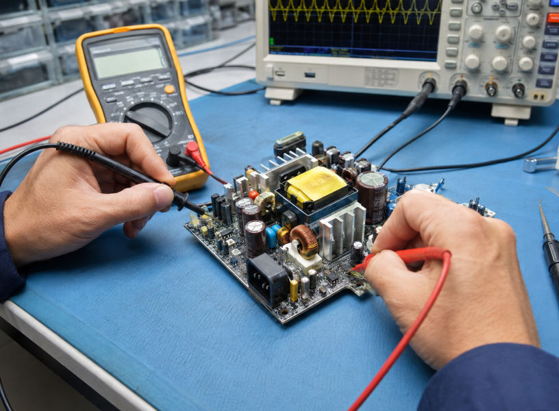 Engineer Testing A Power Supply Circuit With A Multimeter