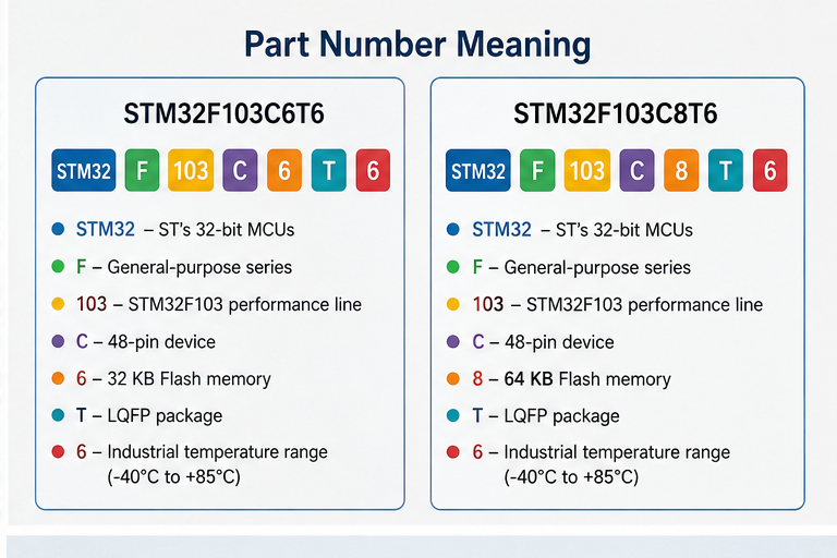 5 Key Differences Between STM32F103C6T6 and STM32F103C8T6 1 STM32F103 Part Number Comparison