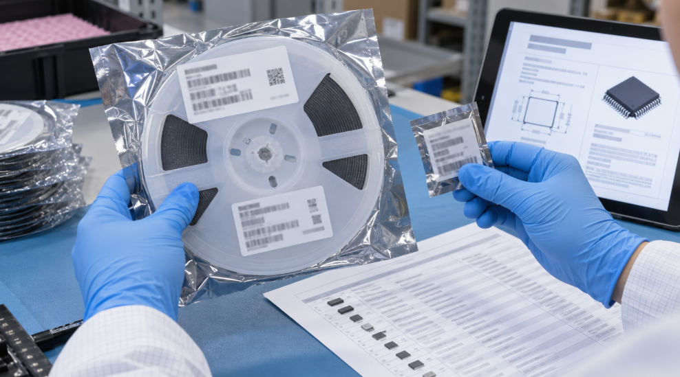 Überprüfung der Artikelnummern und Verpackungsetiketten von elektronischen Bauteilen