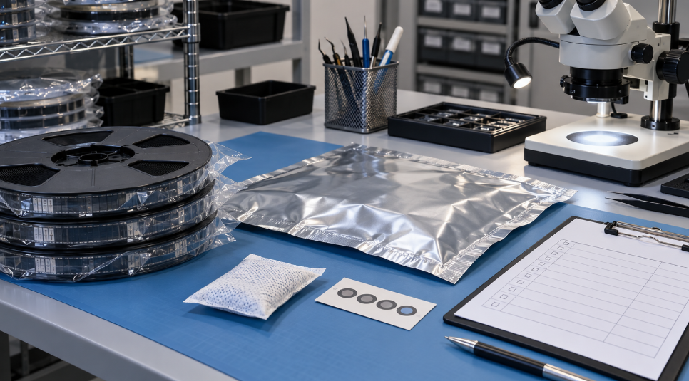 What Is SMT? How Surface-Mount Technology Works 3 Component Reels And Moisture Barrier Bag At An Inspection Bench