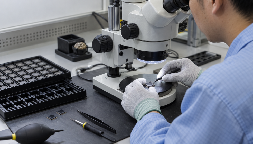 Why Component Traceability Matters in Electronic Component Sourcing 2 Engineer Inspecting An Integrated Circuit Under A Microscope
