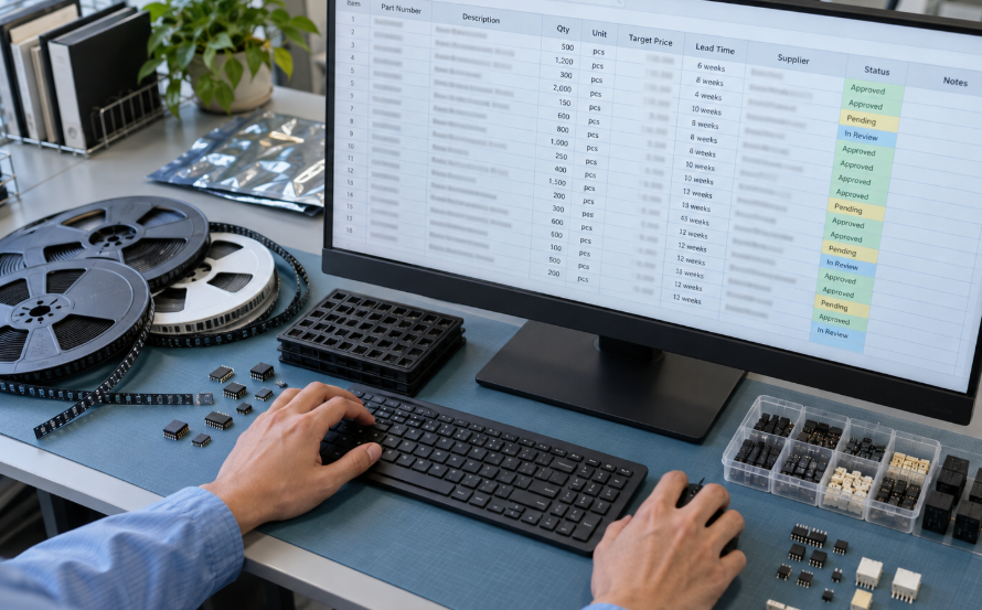 7 BOM Sourcing Mistakes That Can Delay Electronics Production 1 Engineer Reviewing A Component BOM Beside Reels And Trays