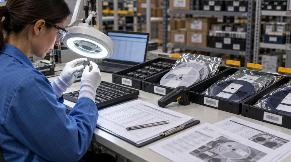Prüfer bei der Überprüfung von Chargen- und Datumscodes elektronischer Bauteile