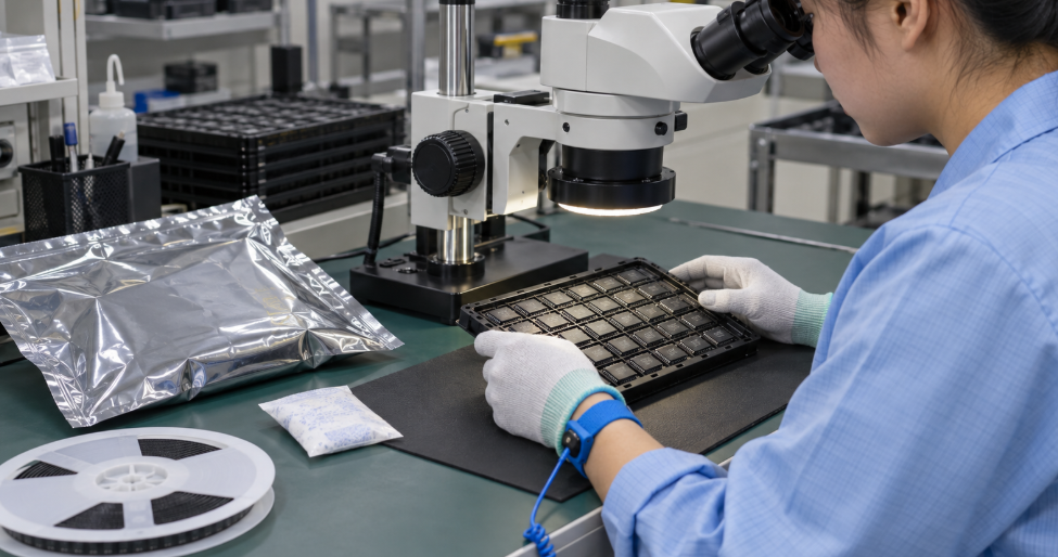 7 BOM Sourcing Mistakes That Can Delay Electronics Production 3 Technician Inspecting Electronic Components Under A Microscope