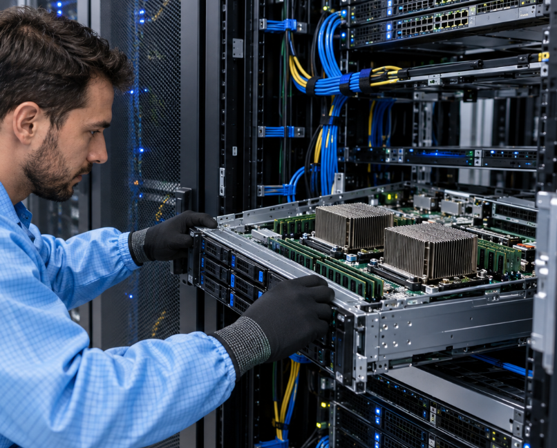 Technician Servicing A Rack Server