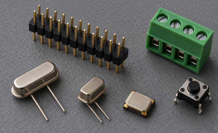 Top 12 Most Common Electronic Components on a PCB 3 PCB Connectors Crystals And A Tactile Switch