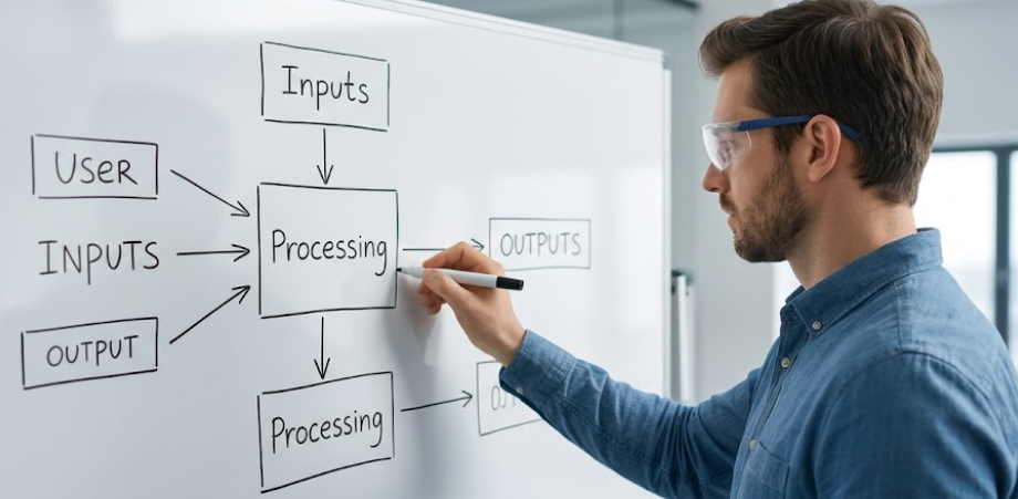 Ein Ingenieur mit Schutzbrille nutzt ein Whiteboard, um ein Funktionsblockdiagramm zu entwerfen, in dem die Systemeingänge, die Verarbeitungslogik und die Systemausgänge dargestellt sind, um die technischen Anforderungen zu definieren 1