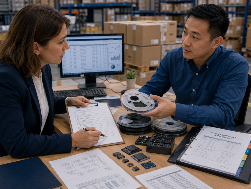 A Man And Woman Engage In A Project Discussion Inside A Warehouse Surrounded By Shelves And Boxes