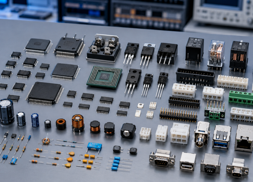 Une table sur laquelle sont présentés divers composants électroniques, notamment des résistances, des condensateurs et des circuits imprimés, disposés de manière ordonnée