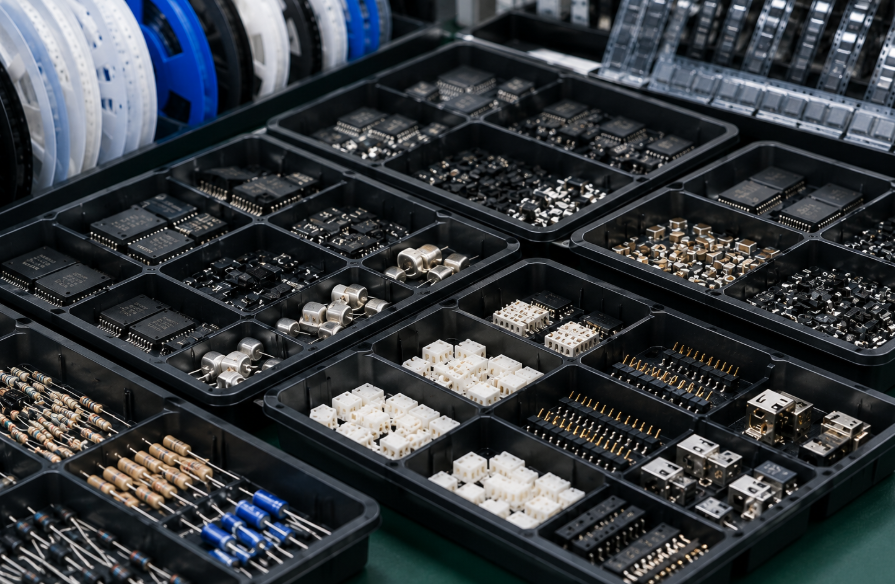Warehouse Shelves Storing Electronic Components In Labeled Bins