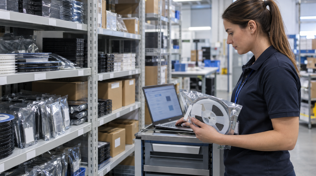 Lieferant von elektronischen Bauteilen überprüft den verfügbaren Lagerbestand