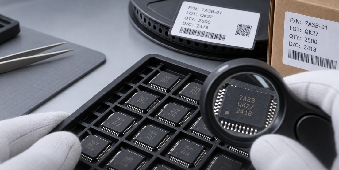 Techniker vergleicht die Datumscodes von IC mit den Etiketten auf Spule und Karton